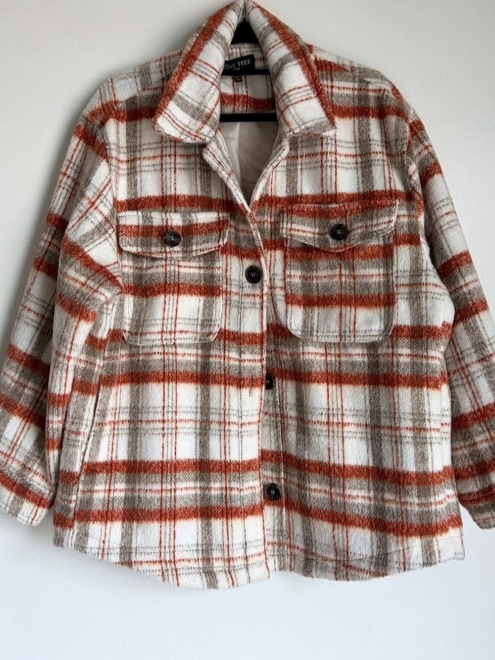 Love Tree Plaid Shirt Jacket in White & Burnt Orange Size Large Like New